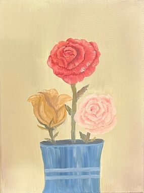 Hand-Painted Floral Canvas Art - Pink, Red, Yellow Roses in Blue Vase